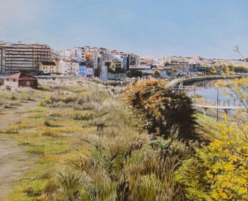 Ölbild: Blick auf Aviles, Asturien, Teil 2, 63 x 63 cm, 2011