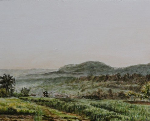 Ölbild: Fuchseck, Aichelberg und Bossler frühmorgends, Öl auf Holz, 20 x 50 cm, 2012