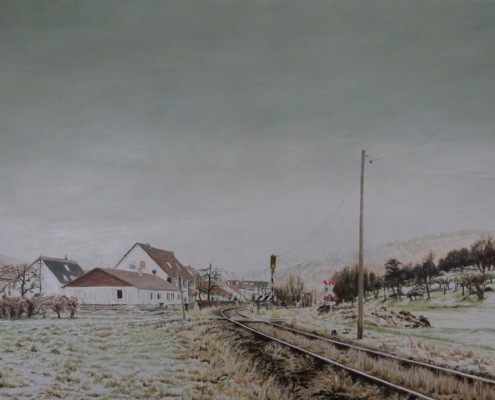 Ölbild: Haltepunkt Brucken im Winter, 64 x 111 cm, 2009