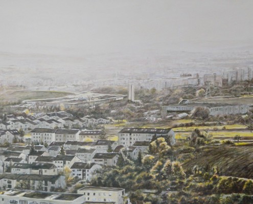 Ölbild: Blick vom Korber Kopf auf Waiblingen, Korb und Stuttgart, Teil 1, 52 x 110 cm, 2011