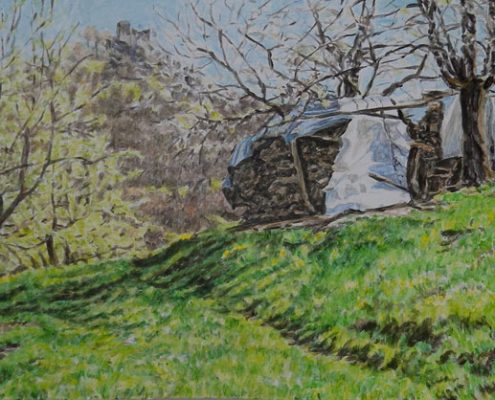 Ölbild: Frühling im Neidlinger Tal mit Blick auf den Reußenstein, 20 x 50 cm, 2014