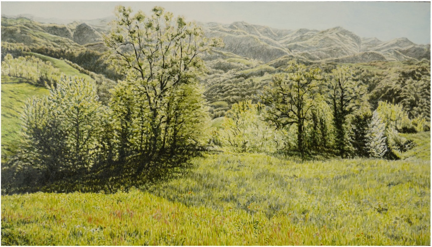 Montefeltro im Frühling, Öl auf Holz, 52 x 90 cm, 2018