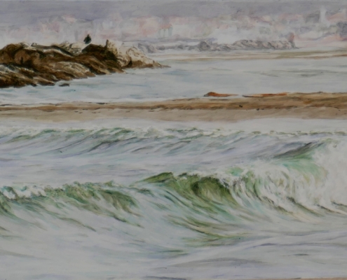 Meer und Strand bei Fano, Italien, Öl auf Holz, 55 x 20 cm, 2019