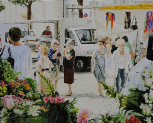 Markt vor dem Blumenladen, Macerata Feltria, Öl auf Holz, 22 x 32 cm, 2021
